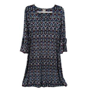 Chicos Black Blue Pink Zig Zag Dress Size M 1 Split Bell Sleeve Knee Length